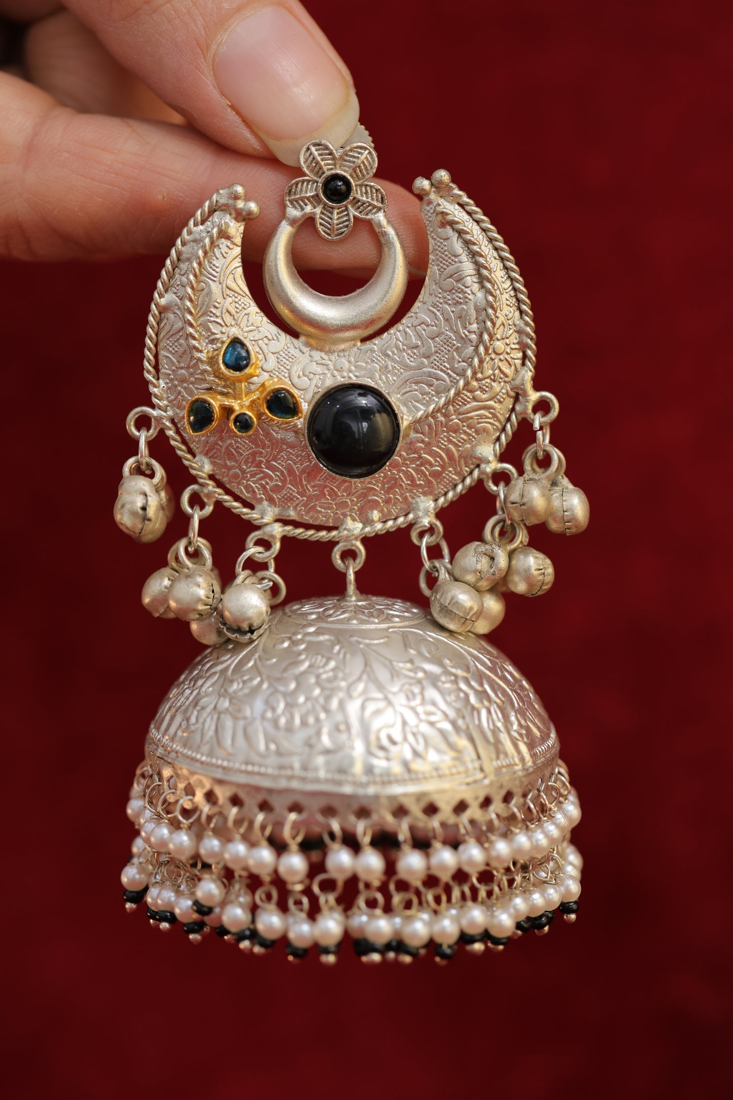 Silver Replica Jhumka ( Blue)