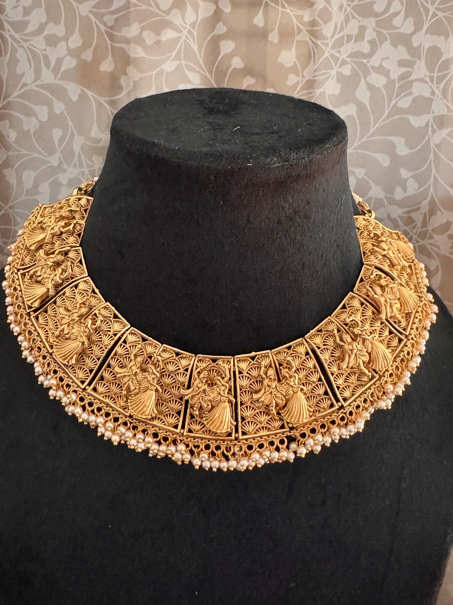 Golden Radha Krishan Temple Jewelry Set