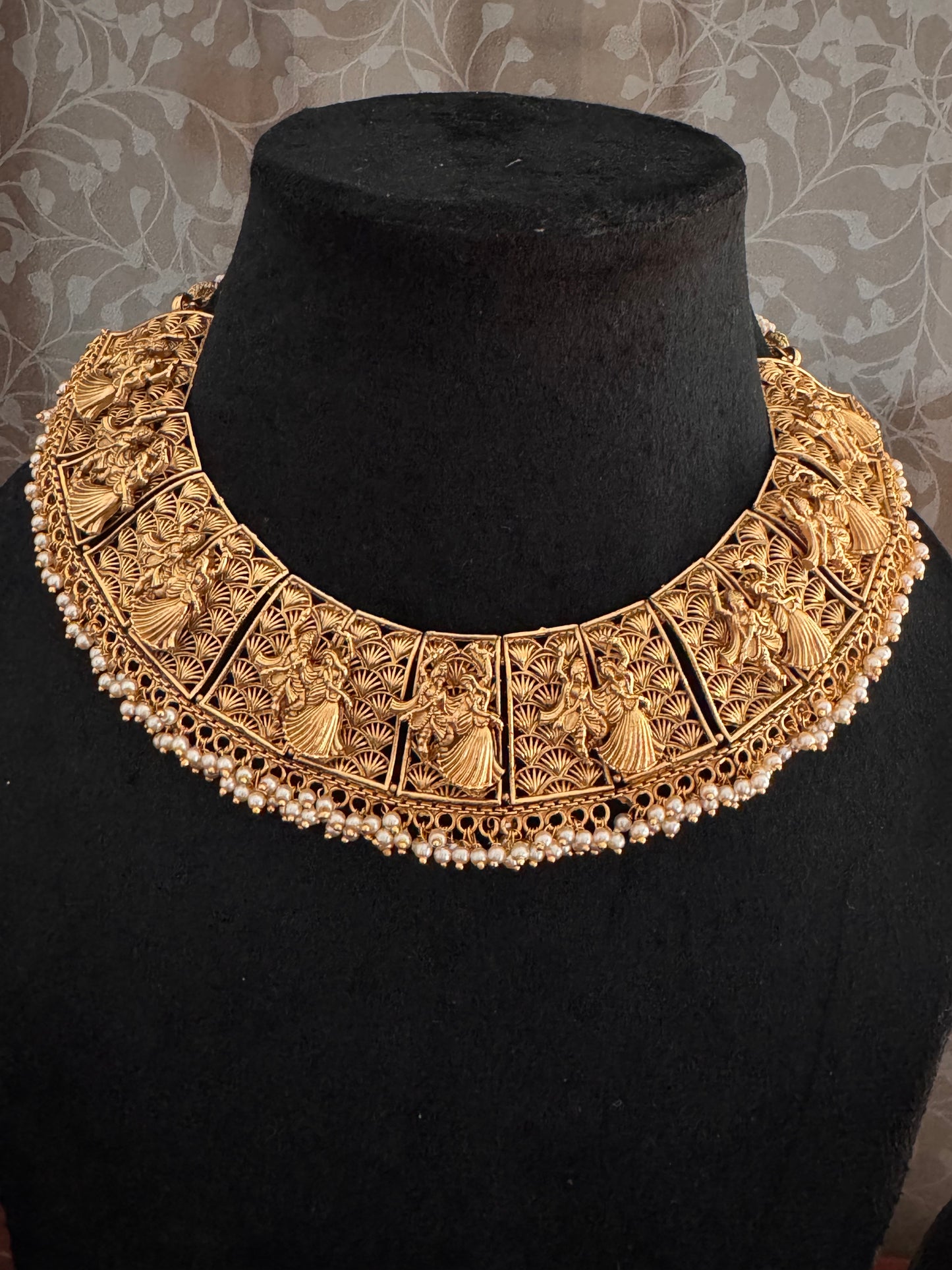 Golden Radha Krishan Temple Jewelry Set