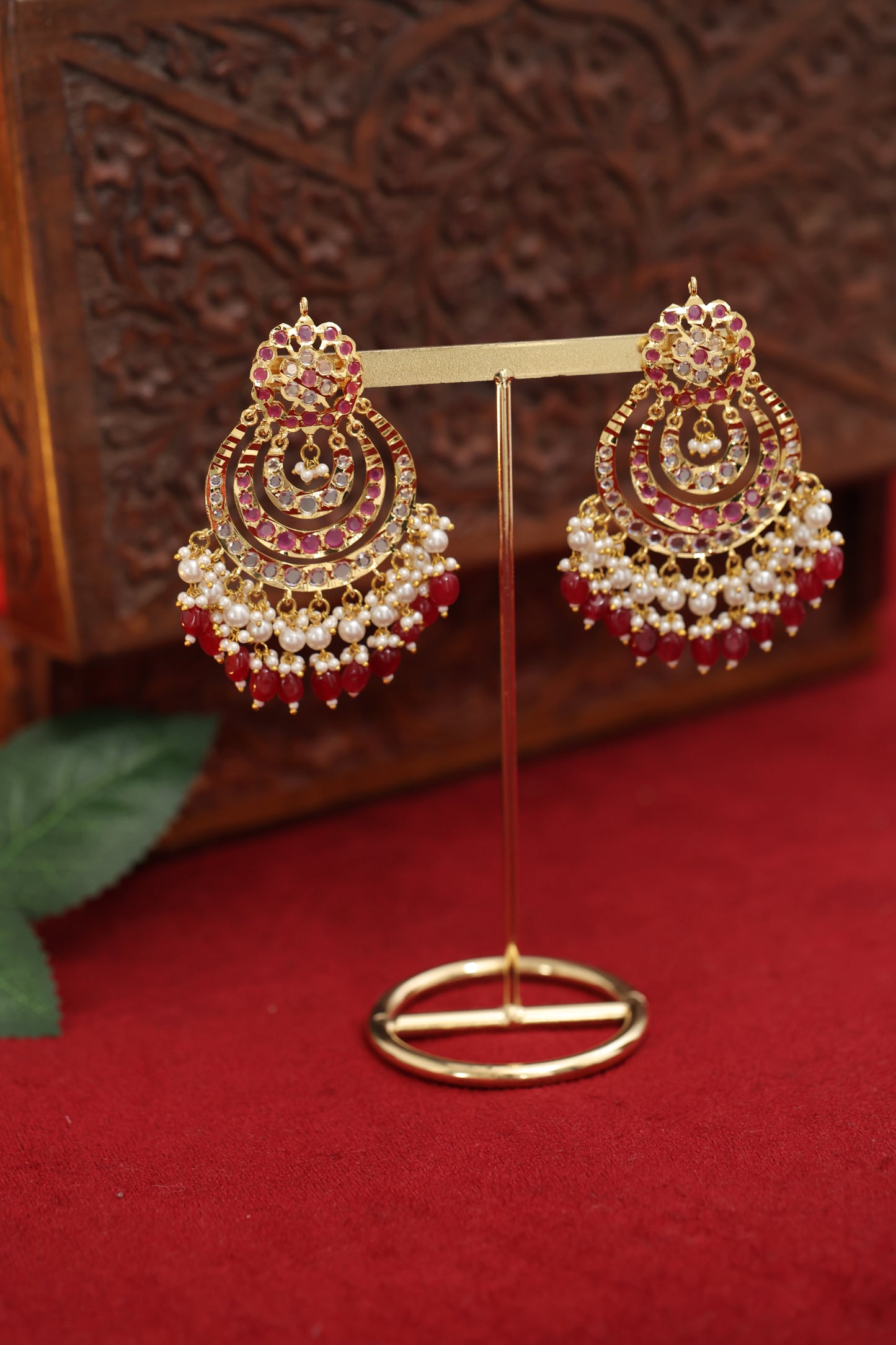 Mahroon White Pearl Jadau Earring