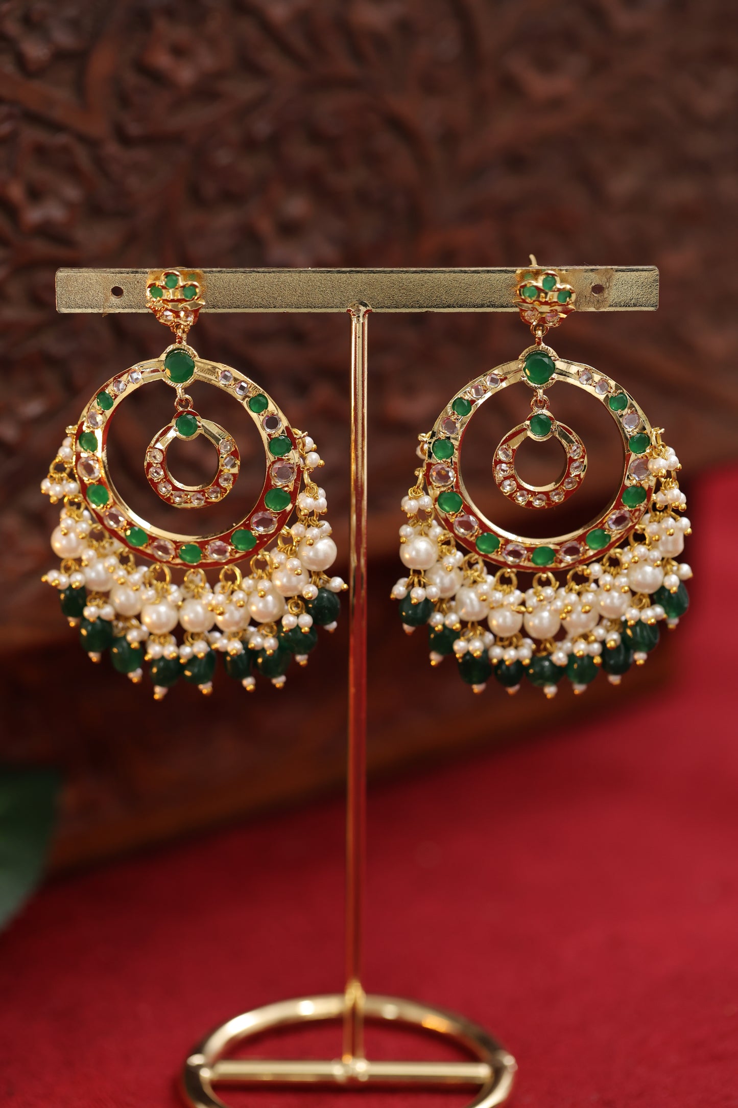 Green White Pearl Jadau Chand Baaliya Earring
