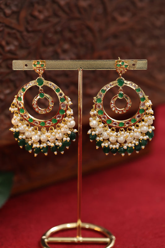Green White Pearl Jadau Chand Baaliya Earring