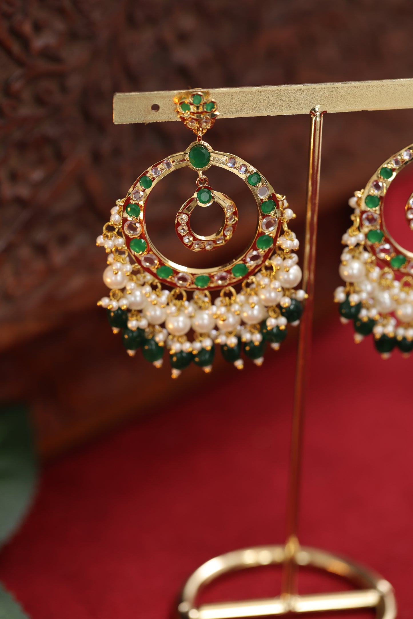 Green White Pearl Jadau Chand Baaliya Earring