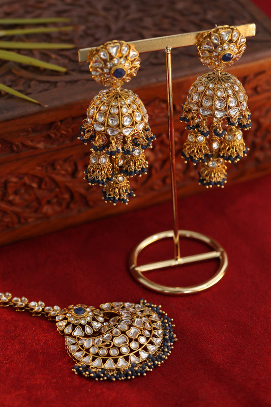 Blue  Earrings with Big  Maang Tika
