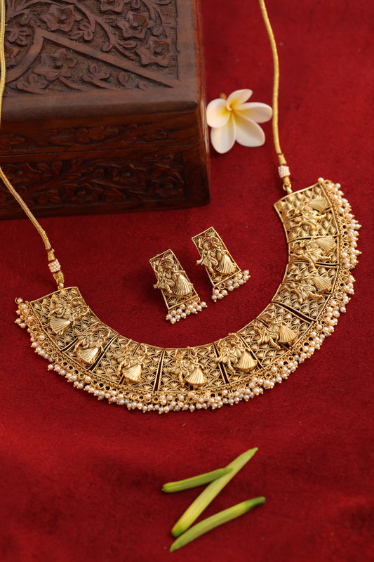 Golden Radha Krishan Temple Jewelry Set