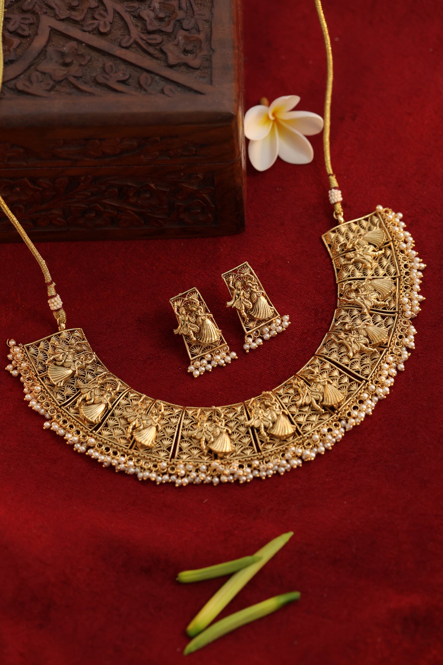 Golden Radha Krishan Temple Jewelry Set