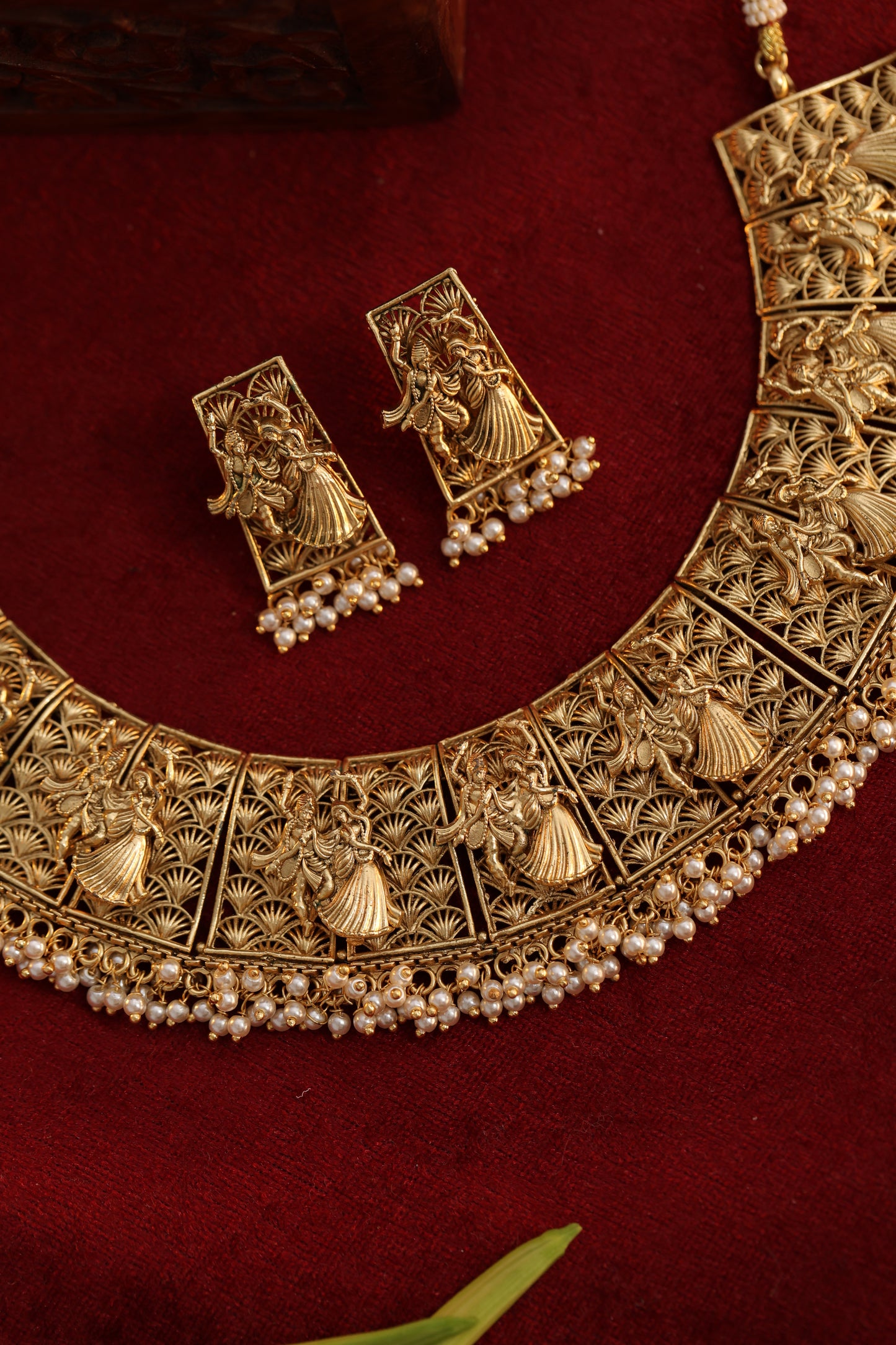 Golden Radha Krishan Temple Jewelry Set