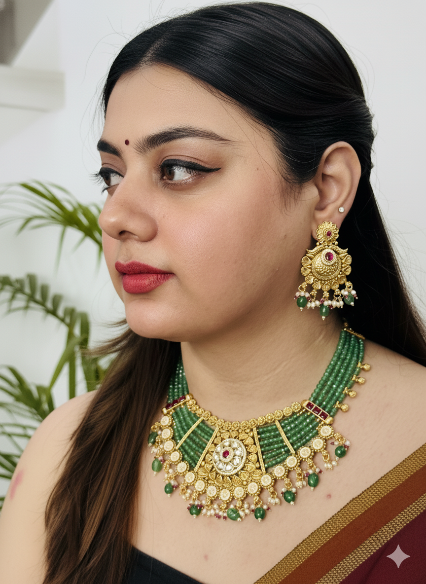 Green Ashima Golden  Chokar Set