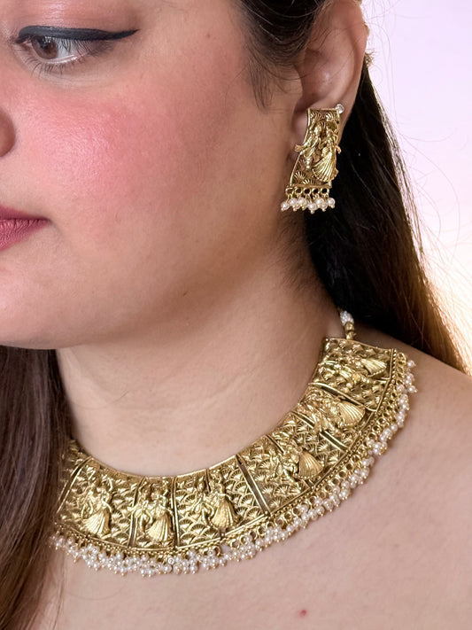 Golden Radha Krishan Temple Jewelry Set