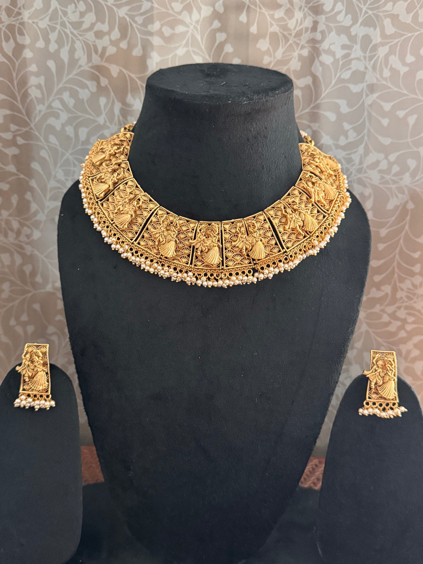 Golden Radha Krishan Temple Jewelry Set