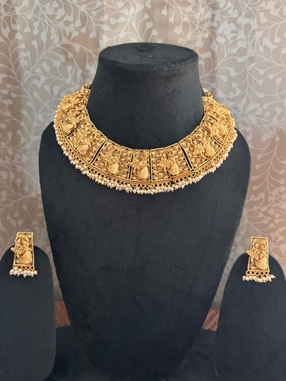 Golden Radha Krishan Temple Jewelry Set