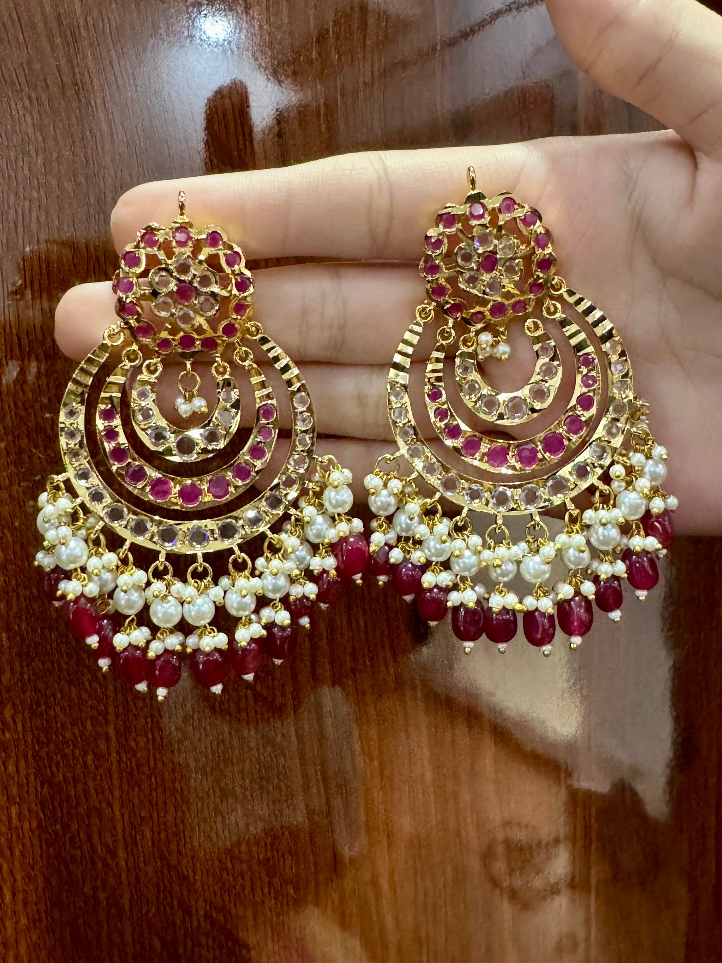 Mahroon White Pearl Jadau Earring
