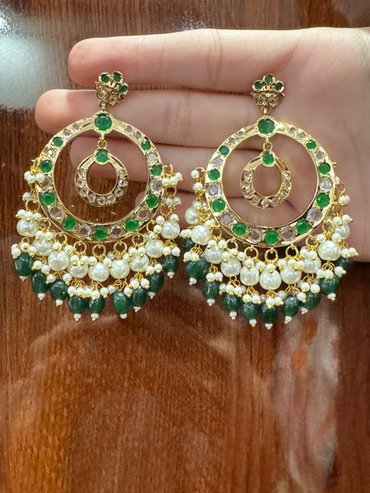 Green White Pearl Jadau Chand Baaliya Earring