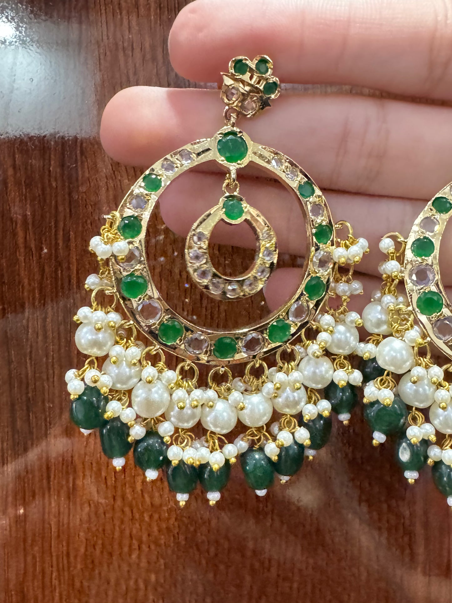Green White Pearl Jadau Chand Baaliya Earring